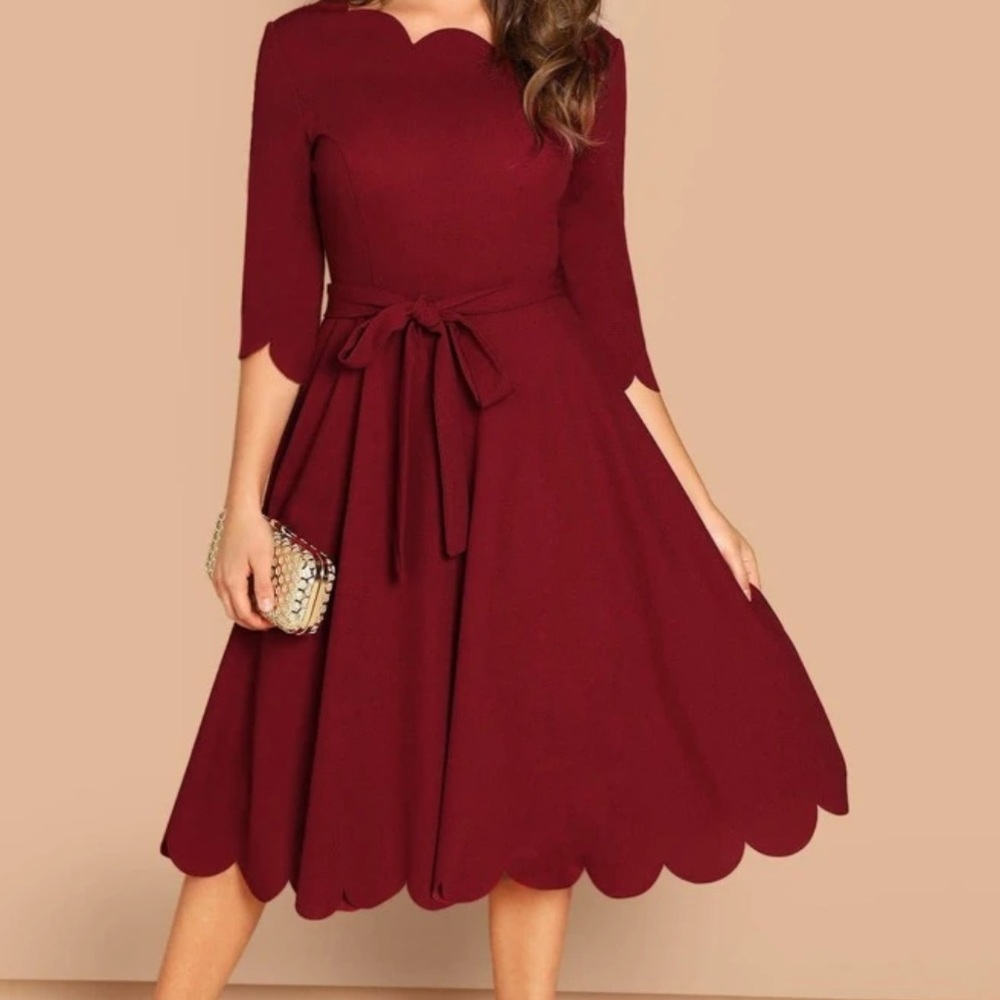 Elegant red A-line scallop belted dress-3/4 sleeve